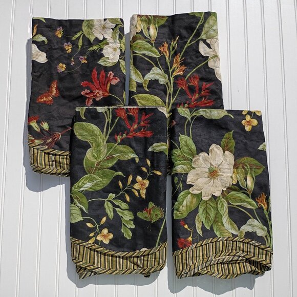 WAVERLY Williamsburg Black Magnolia Garden Valances SET OF 4 Floral Layered Vtg - Picture 2 of 11